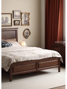 出口美式卧室黑胡桃木双人床现代卯榫原木高端大床定制家具