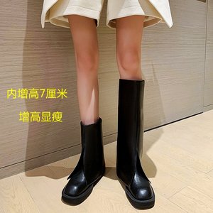刘小旭厚底内增高裤管靴女2022年新款白色真皮骑士靴薄款高筒长靴