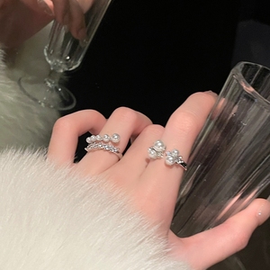 珍珠戒指女小众独特设计轻奢高级感食指开口风可调节排钻锆石女款
