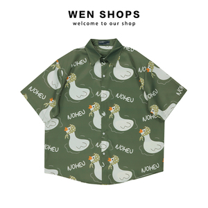 wen shops【限时第二件半价】学生翻领可爱鸭子短袖衬衫情侣装夏