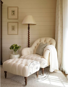 新古典布艺休闲沙发椅美式客厅阳台实木白色单人沙发小户型家具