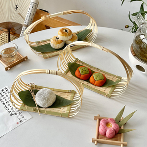 新中式竹编小提篮 围炉冰茶提手茶点水果篮子糕点托盘创意小竹篮