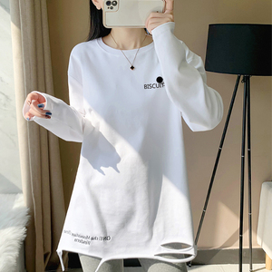欧洲站2024秋冬新款韩版破洞纯棉加绒长袖t恤女设计感白色打底衫
