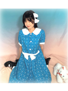CUTEOOU 原创设计定制面料日式优雅格子小蓝裙子可爱白搭日系新版