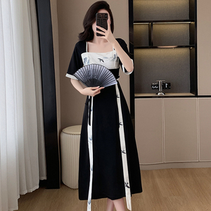 新中式连衣裙女2024夏季新款燕归来印花汉服改良方领大码黑色长裙