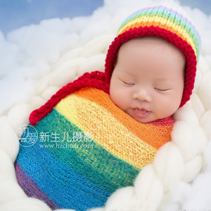 新生儿彩虹帽子+裹布套装 影楼儿童摄影包裹道具婴儿宝宝拍照帽子