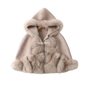 外贸女童狐狸毛领双面羊毛大衣秋冬新款儿童洋气皮草斗篷保暖外套