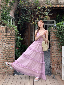kumikumi法式紫色木耳边吊带连衣裙女夏季修身收腰A字蛋糕裙长裙
