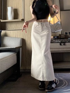 kumikumi白色高腰开叉牛仔裙半身裙女夏季新款修身显瘦包臀裙长裙