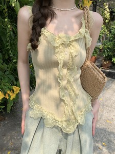 kumikumi设计感蕾丝拼接无袖背心吊带女夏季纯欲修身百搭短款上衣