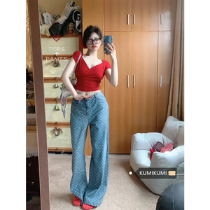 kumikumi时尚套装女辣妹红色修身V领T恤夏季波点直筒牛仔裤两件套