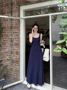 kumikumi蓝色吊带裙背心裙女夏季紧身收腰连衣裙气质包臀裙长裙子