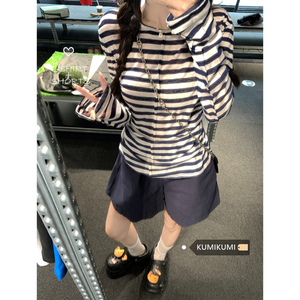 kumikumi休闲套装女撞色条纹防晒T恤春夏松紧腰休闲裤短裤两件套