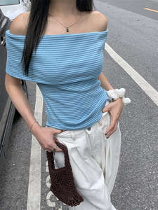 kumikumi小众一字肩露肩条纹T恤女装夏季设计感修身短款针织上衣