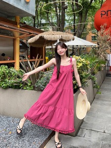 kumikumi甜美风玫粉色吊带连衣裙女夏季重工流苏蛋糕裙度假A字裙