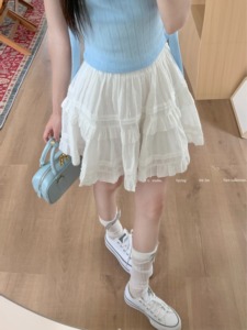 kumikumi设计感木耳边白色公主裙女夏季松紧腰蛋糕裙半身裙蓬蓬裙