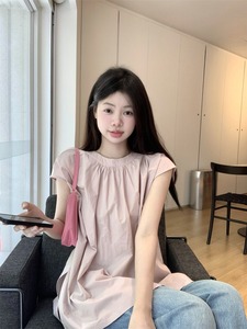 kumikumi纯色设计感褶皱开叉短袖衬衫女夏季宽休闲中长款百搭上衣