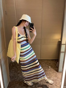 kumikumi复古彩色条纹针织裙女装夏季设计感镂空吊带裙叠穿连衣裙