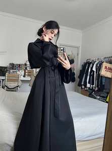 kumikumi高级感气质黑色大衣女装春季设计感小众长款过膝风衣外套