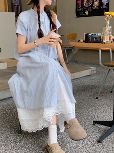 kumikumi宽松休闲衬衫裙连衣裙女夏季白色a字半身裙叠穿两件套装