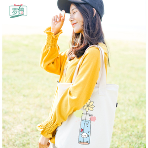 罗绮 新款夏季韩版学生帆布包 斜跨手提大容量购物袋文艺女包单肩