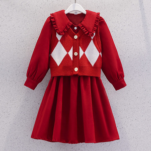 女童学院风连衣裙春秋款洋气马甲两件套装儿童女孩娃娃领红色裙子