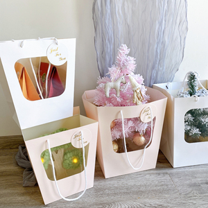花束手提袋母亲节花店插花橱窗袋白色花艺鲜花袋子开窗透明礼品袋