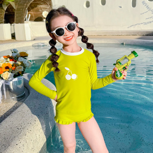 艺烁女童长袖防晒荧光绿泳衣儿童分体速干两件套小女孩泳裤套装