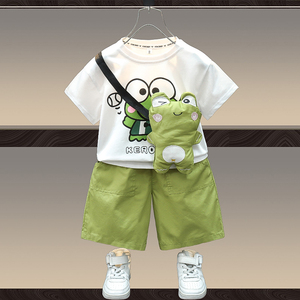 儿童短袖超萌套装男童装宝宝夏装t恤小童青蛙公仔夏天衣服三件套