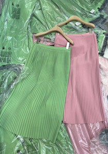 绿色橡皮粉高腰百褶裙2024春夏季糖果色复古垂顺中长款通勤半身裙