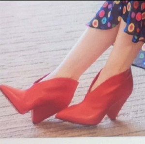 春秋红色马丁靴女士头层牛皮靴子高跟鞋气质单靴V口裸靴及踝 短靴