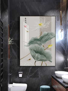新中式卫生间挂画防水防潮免打孔现代浴室壁画酒店样板间荷花墙画