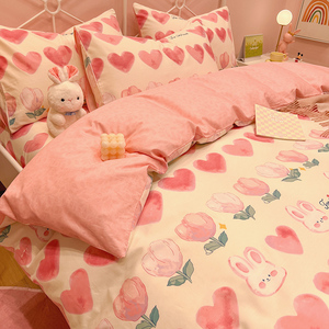 纯棉床上四件套100全棉儿童床品粉色女生被套宿舍三件套床单床笠4
