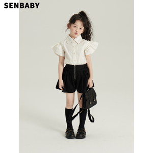senbaby女童衬衫套装女宝宝夏装中大童洋气小飞袖衬衣+黑色短裤裙