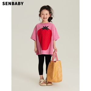 senbaby童装定制女童短袖2024夏季新款儿童印花上衣中大童草莓T恤