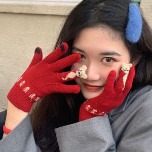 触屏圣诞红色五指手套女士冬天学生可爱韩版加厚毛绒骑行保暖冬季
