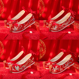 红色配汉服鞋子女增高古风绣花鞋秀禾服婚鞋中式新娘结婚古装布鞋