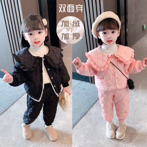 女童棉衣套装冬季2023新款韩版儿童加绒加厚两面穿冬装棉服两件套