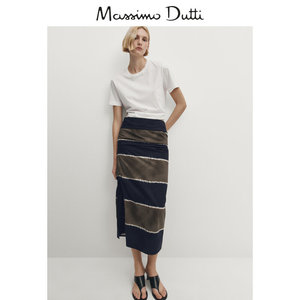 春夏新品MassimoDutti2024女装法式复古条纹时髦侧开叉纯棉修身直筒半身裙05274823422