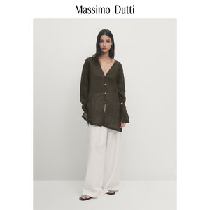 夏季新款MassimoDutti2024女装休闲慵懒风文艺复古绿纯亚麻宽松中长V领衬衫05129941538