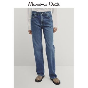 春夏新品 MassimoDutti2024女装休闲通勤百搭经典蓝中腰直筒版加长牛仔裤 05032532427