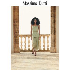 春夏新品MassimoDutti2024女装 法式绿色飘逸高级感缎面中长不规则半身裙05293513530