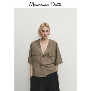 新品特惠MassimoDutti2024女装夏季休闲洋气英伦气质通勤飘逸V领短袖衬衫 05196977707