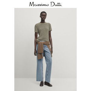 春夏新品 Massimo Dutti2024女装休闲风短版正肩款圆领短袖毛衣针织衫T恤 05716641500