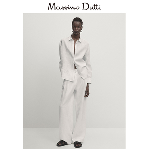 春夏新品 Massimo Dutti 2024女装休闲风极简优雅白垂坠感亚麻宽管阔腿长裤05072770251