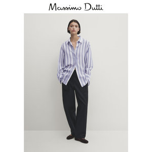 新品特惠 Massimo Dutti2024女装休闲法式慵懒风宽松版蓝色竖条纹长袖衬衫05125709403