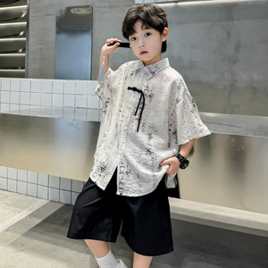 新中式男童唐装套装儿童春装汉服大童中式提花两件套男童春游衣服