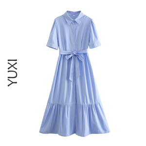 「YUXI」ZAR欧美女装 法式色织条条纹泡泡袖衬衫短袖连衣裙长裙