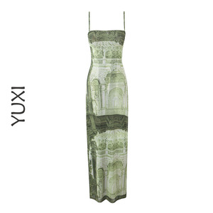 「YUXI」ZAR欧美女装 法式高弹印花双层拖地长裙吊带连衣裙气质