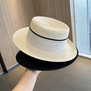 平顶草帽女夏季时尚沙滩防晒遮阳帽贴布英伦礼帽可折叠草编太阳帽